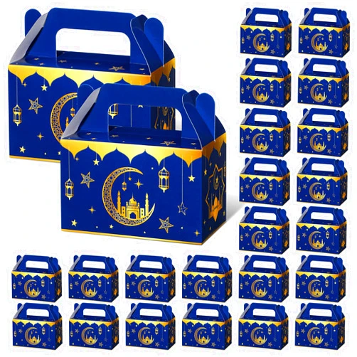 TaoBary 24 Pack Eid Al Adha Treat Box Muslin Islam Ramadan Party Candy Boxes Paper Eid Gift Boxes Foldable Eid Mubarak for Eid Al Adha Party Muslim Party Supplies, Goodie and Gifts(Blue and Gold)