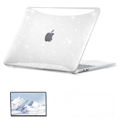 EooCoo Case Compatible with New MacBook Air 13.6 inch 2024-2022 Release M3 A3113 A2681 M2 with Retina Display, Glitter Hard Shell Case + TPU Keyboard Skin Cover + Screen Protector - Sparkly Clear