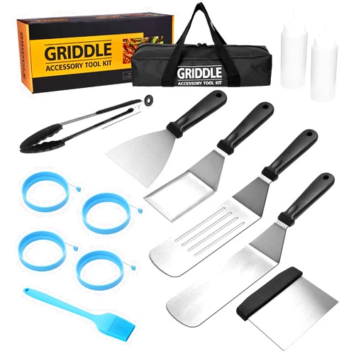 KITOOLBASE Flat Top Griddle Accessories Set for Blackstone and Camp Chef, Professional Grill Spatula Set with Burger Spatulas Scraper, BBQ Tool Griddle Utensils Kit for Men Outdoor Flattop Grills Cooking (Black)