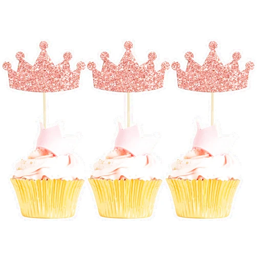 Ephlyn 24Pcs Crown Cupcake Toppers Glitter Queen Crown Cupcake Picks for Queen Princess Theme Baby Shower Girls Wedding Birthday Party Cake Decorations Supplies Rose Gold