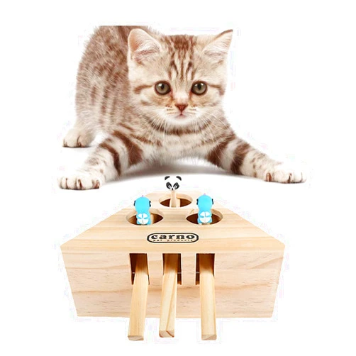 Braiton Cat Pet Toys Interactive Mouse Whack A Mole Mouse Solid Wooden Puzzle Box Cat Exercise Toy with Cute Cartoon Toys for Cat Kitten Hunting Playing Exercising Hunting,3 Holes