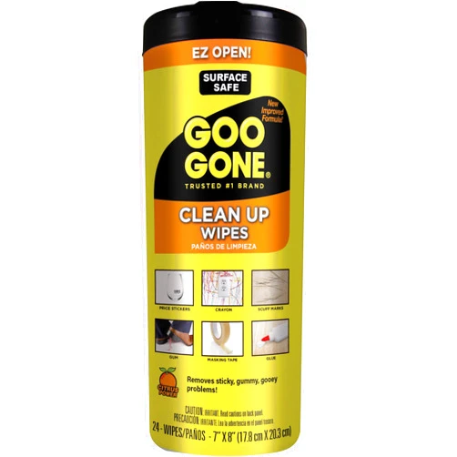 Goo Gone Clean Up Wipes Adhesive Remover - 24 Count - Removes Adhesive Residue Labels Stickers Crayon Tree Sap Gum Masking Tape Glue and More