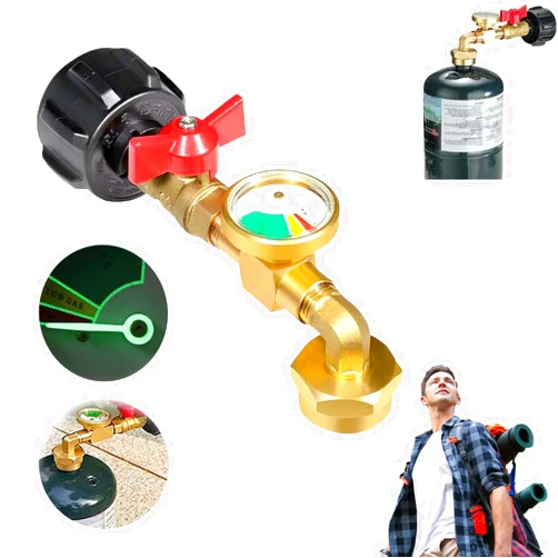 RandJ Propane Refill Adapter for 1 lb. Tanks, Propane Refill Elbow Adapter with Tank Gauge, Refillable Propane Cylinder 1 lb, 90-Degree Elbow Gas Refill Adapter for BBQ Gas Grill Cylinder RV