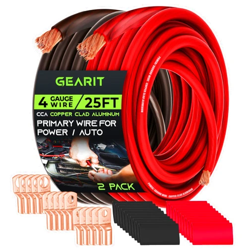 GearIT, 4 Gauge Wire, 15 Lugs, 20 Heat Shrink Wrap, for Automotive, Battery Cable, Amp Kit, Amp, CCA Wire, Wire, Amp Kit, Battery Cables, Amp Wiring Kit, (25 feet Each- Black/Red)