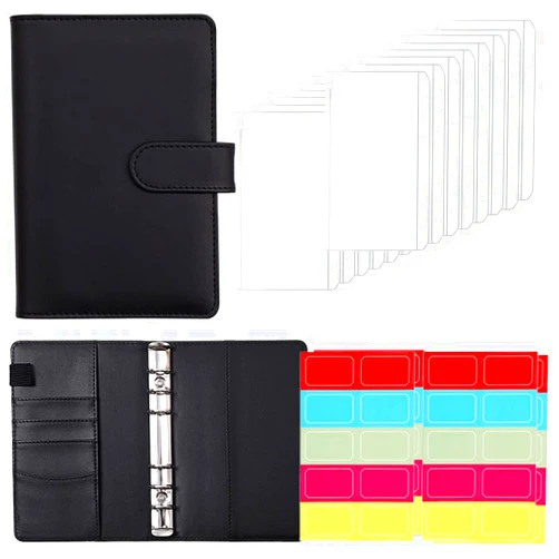 Rzzhgzq A6 PU Leather Notebook Binder, Budget Planner Organizer, Personal Cash Budget System with Cash Envelopes, Refillable Loose Leaf 6 Ring Binder Cover, 14 Pieces Binder Pockets