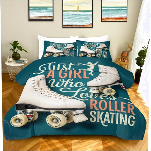 BEDMUST 3 Piece Winter Games Comforter Set: Milano Cortina Commemorative Roller Skating Queen Bedding Set- Plush Microfiber Boots Pattern Green Comforter with 2 Pillowcases