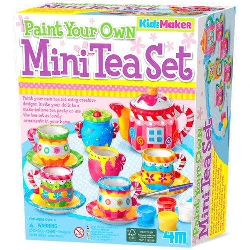 4M: KidzMaker - Paint Your Own Mini Tea Set - DIY Porcelain Painting Craft Kit, Teapot-Cups-Milk Jug-Sugar Bowl, Personalize Your Art Designs, Kids 8+