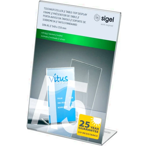 Sigel TA212 Sign Holder, slanted, for A5, single-sided presentation, acrylic, transparent, 1 pc.