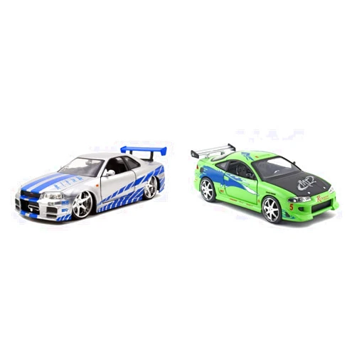 Jada Toys Fast & Furious Brian’s 2002 Nissan Skyline R34 Die-cast Car, 1:24 Scale, Silver & Blue & & Furious 1:24 Brian's Mitsubishi Eclipse Die-cast Car, Toys for Kids and Adults Silver and Blue Die-cast Car + Die-cast Car