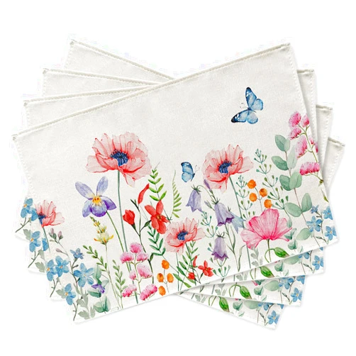 Seliem Spring Anemone Flower Placemats Set of 4, Watercolor Pink Floral Butterfly Dining Table Place Mats Home Kitchen Decor, Summer Seasonal Washable Cotton Linen Rustic Farmhouse Decorations 12 x 18