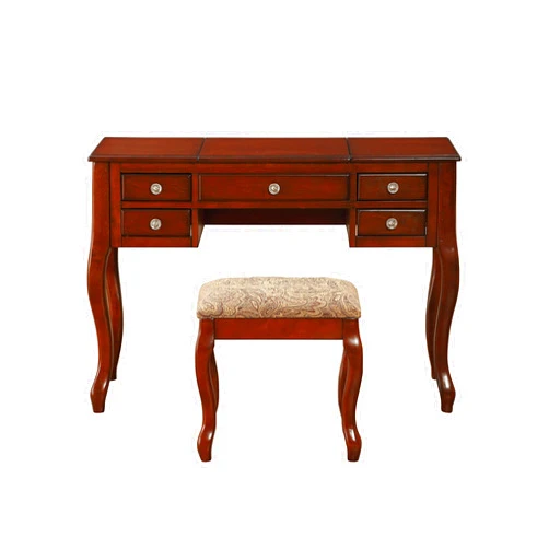Poundex F4147 Bobkona Cailyn Flip Up Mirror vanity Set with Stool in Cherry