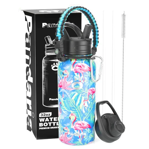 Pandaria Insulated Water Bottle 32oz, Stainless Steel Water Bottle with Straw & Spout Lids & Paracord Handle