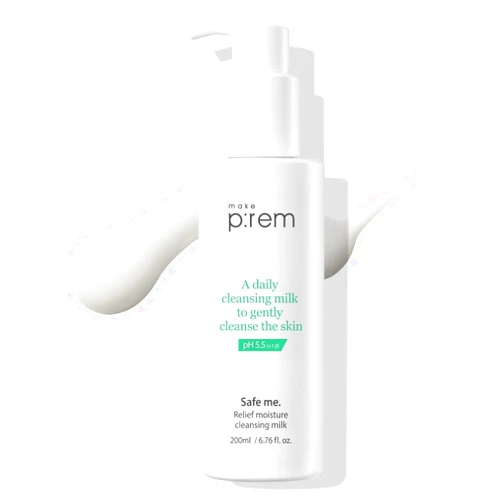 MAKEP:REM MAKEPREM Safe Me Relief Moisture Cleansing Milk 6.76 Fl Oz Sub-Acid pH 5.5 Mild Makeup Remover Gentle Milk Cleanser Dry Sensitive Acne-Prone Skin Moisturizing Age Defying No Chemicals Non-Irritating