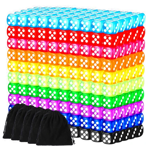 Syhood 500 Pcs 14mm Colored Dice Bulk Dice 6 Sided Dice Set with 5 Pieces Drawstring Pouches Standard Game Dice for Classroom Teaching Math Learning Board Dices Game, 10 Color