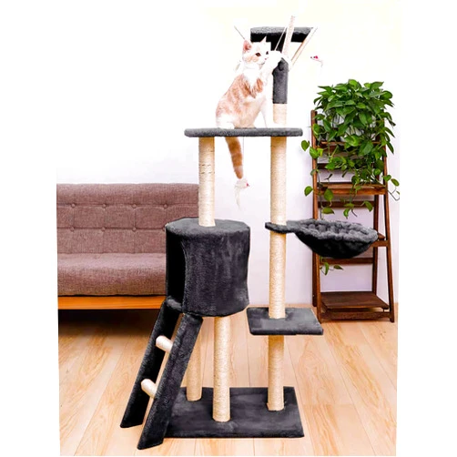 AbaqCasa Cat Tree, 138cm Cat Tower for Indoor Cats, Cat House with Padded Platform Bed Toy Balls Large Cozy Condo, Hammocks and Sisal Scratching Posts for Indoor Cats