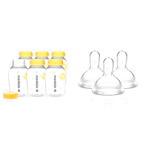 Medela Breast Milk Collection and Storage Bottles, 6 Pack, 5 Ounce Breastmilk Container & Slow Flow Spare Nipples with Wide Base, 3 Pack, Compatible Storage Bottles
