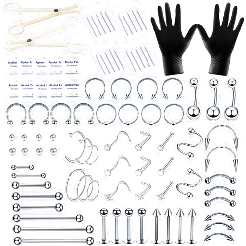 Tustrion 94PCS Mixed-pack Piercing Kits for All Body Piercings Stainless Steel 14G 16G 20G Jewelry and Needle with Tools 10Pcs Alcohol Pad Nose Septum Lip Ear Belly Button Cartilage Tragus