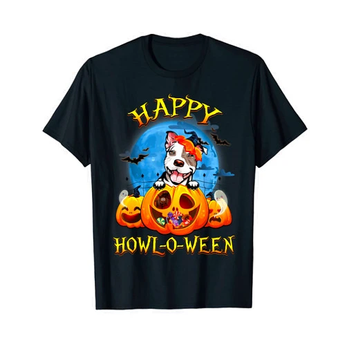 Halloween Pumpkin Costume Party 2021 By Chang Happy Halloween Bitbull With Moon Pumpkin Dog Lover T-Shirt