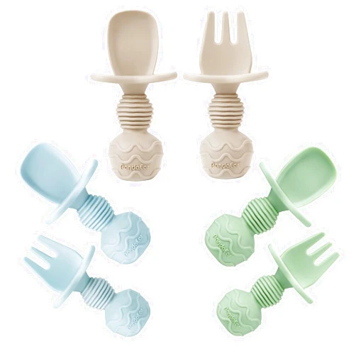PandaEar 6 Pack Silicone Baby Spoons and Fork Feeding Set- Anti-Choke First Self Feeding Utensils for Baby Led Weaning Ages 3 Months (Blue, Green&Tan)