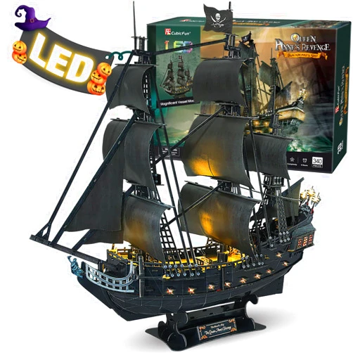 CubicFun 3D Puzzles for Adults - Led Pirate Ship Queen Anne's Revenge - Large 27'' Sailboat Puzzles - Desk Decor/House Warming/New Home/Christmas/Anniversary/Teacher Appreciation Gifts
