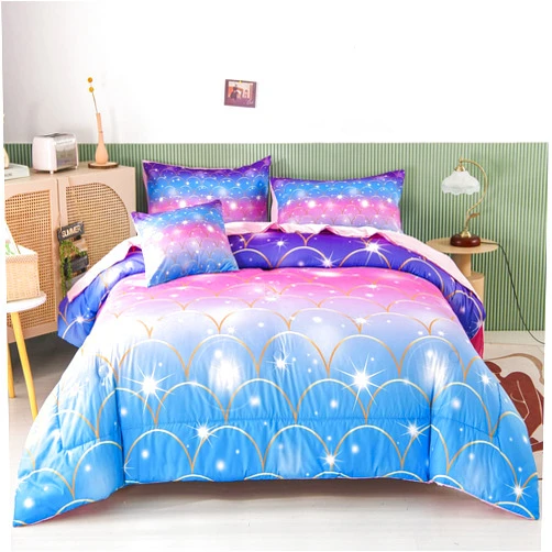 RYNGHIPY 6Pcs Teal Pink Sparkle Mermaid Comforter Sets Twin Size, 3D Rainbow Glitter Girls Bedding Sets, Ombre Pastel Fish Scale Bedding Collection Sets