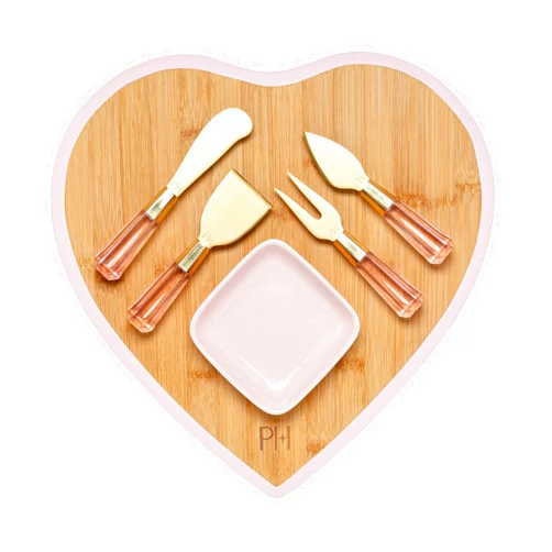 Paris Hilton Charcuterie Board and Serving Set, Bamboo Serving Board, Ceramic Dish, Cheese Utensils with Titanium Coated Blades, 6-Piece Set, Pink