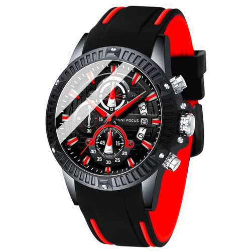 MF MINI FOCUS Men Watch, Chronograph Waterproof Sport Analog Quartz Watches Red Silicon Strap Fashion Wristwatch for Men