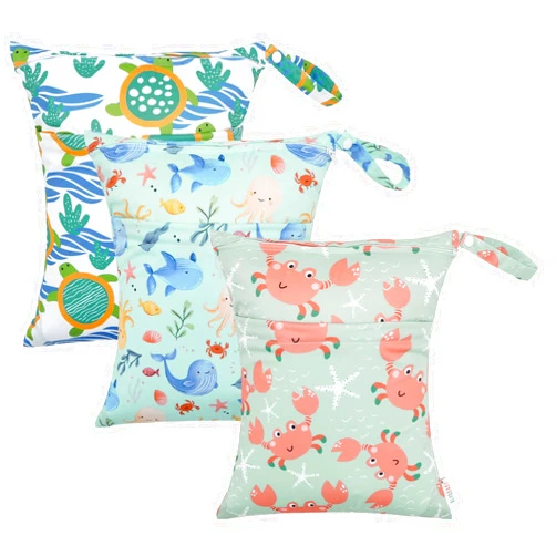 ALVABABY 3pcs Cloth Diaper Wet Dry Bags Waterproof Reusable with Two Zippered Pockets Travel Beach Pool Daycare Soiled Baby Items Yoga Gym Bag for Swimsuits or Wet Clothes 3L-ZM15A