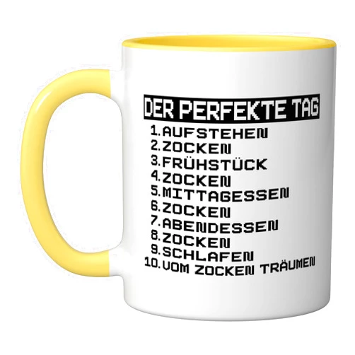 Lustige Sprüche Gamerin & Zocker Geschenk The Perfect Day Video Games Gaming - Gaming Gamer Gift Ceramic Mug, Yellow/White