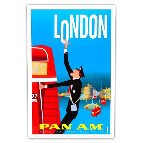 Pacifica Island Art London England - Double Decker Buses Bovril and Schweppe - Pan American World Airways - Vintage Airline Travel Poster by Aaron Fine c.1950s - Master Art Print (Unframed) 12in x 18in