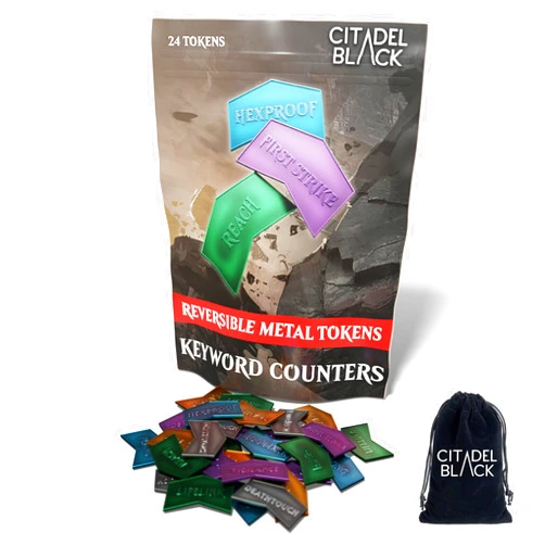Citadel Black MTG Metal Keyword Counters - Set of 24 Reversible Tokens - Includes Drawstring Pouch, Antique Metal Finish, Designed for MTG TCG Magic: The Gathering Accessory