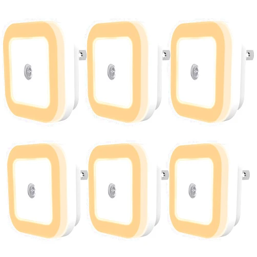 SYCEES Plug-in LED Night Light with Dusk to Dawn Sensor for Hallway, Stairs, Bathroom, Kitchen, Bedroom, Nursery, Kids Room, Warm White, Pack of 6