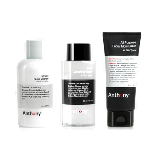 Anthony Back To Basics Set, Glycolic Facial Cleanser for Men Witch Hazel Toner for Face Kind Cleansing Water and All-Purpose Facial Moisturizer - Men’s Hydrating Lotion for Dry Skin