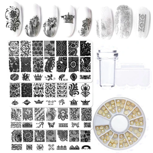 Bellelfin Nail Stamper Kit 4pcs Nail Art Stamping Plates Flower Leaves Image Template with Clear Stamper and Scraper Decoration Rhinestones for Nails Manicure DIY Design