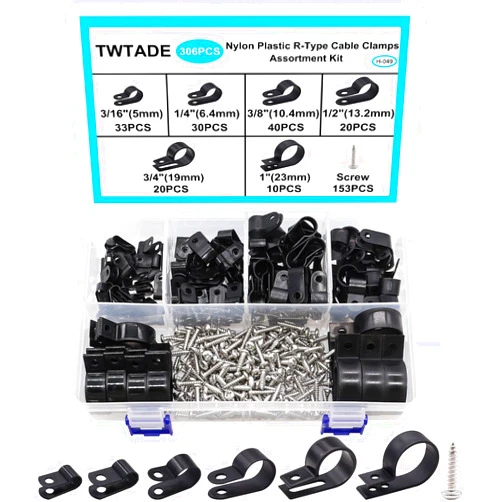TWTADE 306PCS Black Cable Clamps Nylon Plastic R-Type 6 Sizes 3/16'' 1/4'' 3/8'' 1/2'' 3/4'' 1'' Cable Mounting Wire Clips Assortment Kit with Screws for Wire Management H-049