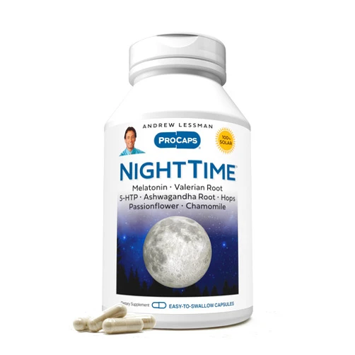 ANDREW LESSMAN Night Time 60 Capsules - 3mg Melatonin, Valerian, Ashwagandha, Passionflower, Hops, Chamomile. No Morning Grogginess. Natural Support, Gentle Restful Sleep. Easy to Swallow Capsules