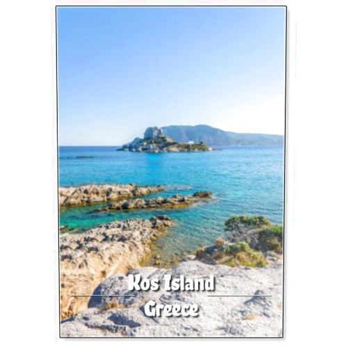 Photomagnet Kos Island, Kastri, Dodecanese, Greece: Beautiful Sunny Coast View to Greek Mediterranean Blue Sea with Crystal Clear Water at Ancient Traditional Place or Old Temple Church Area near, Fridge Magnet