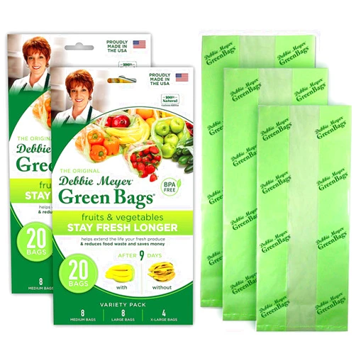 Debbie Meyer GreenBags 40-Pack (16M, 16L, 8XL) – Keeps Fruits, Vegetables, and Cut Flowers, Fresh Longer, Reusable, BPA Free, Made in USA
