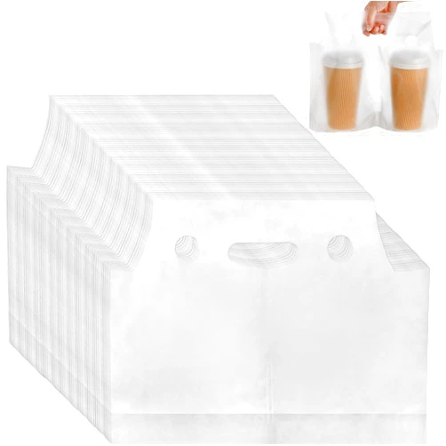 DEAYOU 200 PCS Drinking Bag, Plastic Cup Container with Handle for Beverage, Hold 2 Cup, 33 OZ of Each