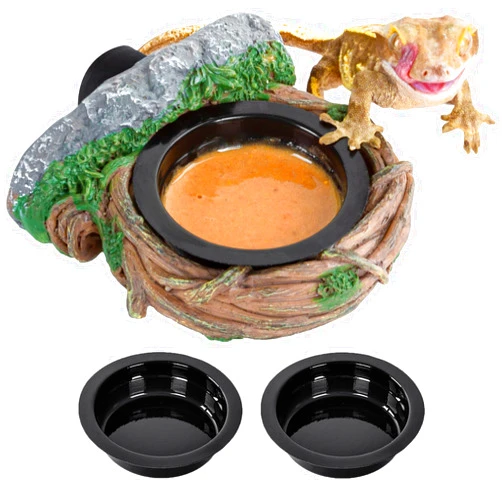 REPTI ZOO Magnetic Crested Gecko Feeding Ledge, Reptile Feeder Ledge with 2PCS Cups, Reptile Water Bowl for Bearded Dragon Lizard Snake, Hollow Vine Food Dish Tank Accessories