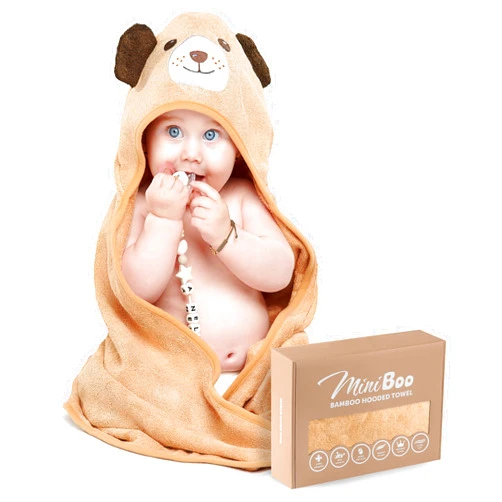 MINIBOO Premium Hooded Towel with Unique Dog Design - Extra Soft and Absorbent Rayon from Bamboo Towels for Newborn, Infant, and Toddler - Perfect as Baby Gifts