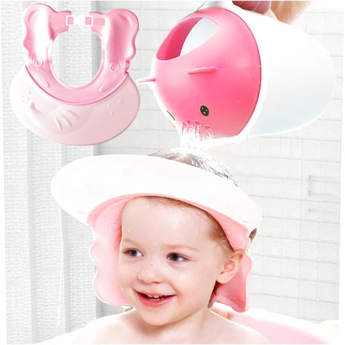 CUISHI Shower Cap for Kids,Baby Shower Cap Hair Washing Hat Silicone Cap Adjustable Size Visor Head Protector Shampoo Cap for Toddler, Baby, Kids Pink