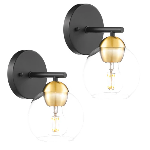 Emak Black and Gold Sconces Set of Two, Modern Globe Vanity Lights with Clear Glass Shade, Wall Sconce for Living Room, Pictures, Bedroom, Bathroom, Hallway, WS114-BKBGD-2PK