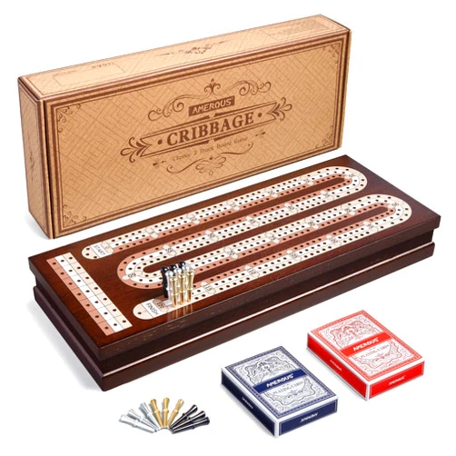 AMEROUS Wooden Cribbage Board Game Set with Magnetic Lock / 9 Metal Pegs / 2 Decks of Playing Cards/Larger Storage Area/Instruction, Classic Tabletop Game for Family (3 Track Board)