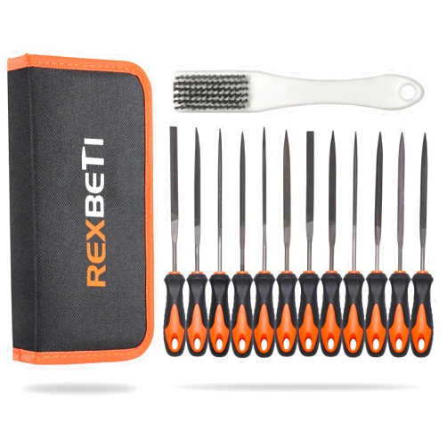 REXBETI 13Pcs Metal Needle File Set, Small Diamond Files, Premium Grade T12 Drop Forged Alloy Steel, 12pcs Needle Files with Metal Brush and Carry Case