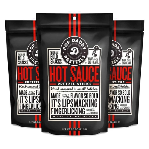 POP DADDY ·POPCORN· Pop Daddy Flavored Pretzels Sticks, Healthy Gourmet Pretzels Snacks, 7.5oz Individual Bags, 3 Pack, Hot Sauce