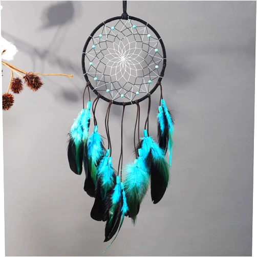 TEESHLY Dream Catcher with Bicolor Mesh, Handmade Dark Tone Dreamcatcher with Black and Turquoise Feather Wall Hanging Decoration