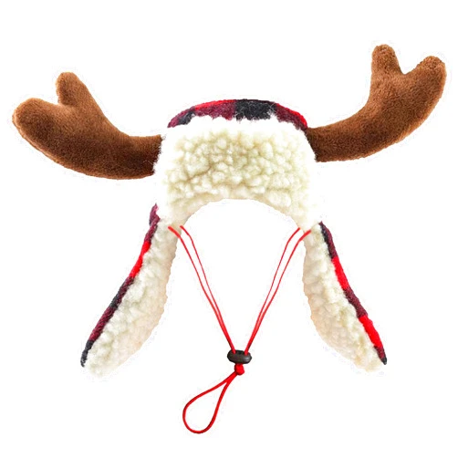 Huxley & Kent Pet Hat | Antler Buffalo Check (Small) | Festive Christmas Holiday Accessory for Dogs/Cats | Holiday Pet Hat | SnugFit Sliding Toggles for Best Fit