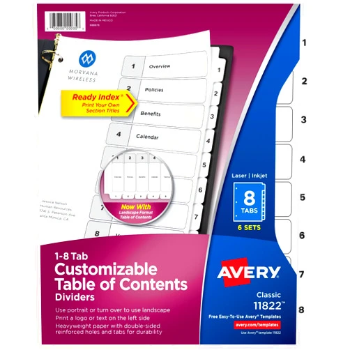 Avery 8 Tab Dividers for 3 Ring Binders, Customizable Table of Contents, Classic White Tabs, 6 Sets (11822)