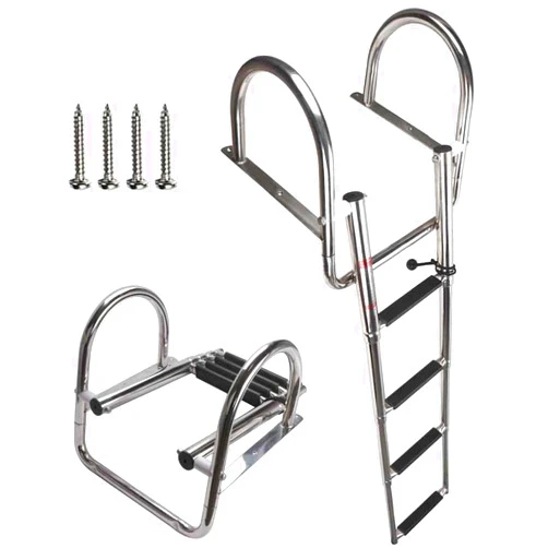 COC-LF 4 Steps Pontoon Boat Ladder, Stainless Steel Folding Telescoping Rear Entry Inboard Ladder Heavy Duty Custom Swim Deck Ladder with Pedal Hand Railing Ladder